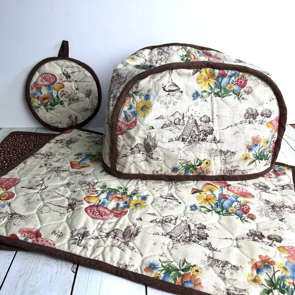 Set of 4 VTG 60s 70s Mushrooms Floral Toile Toaster Cover 2 Placemats 1 Hot Pad
